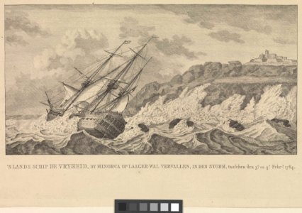 'S lands schip de Vryheid, by Minorca - in den storm, tusschen den 3e en 4e Febry 1784 RMG PW7968