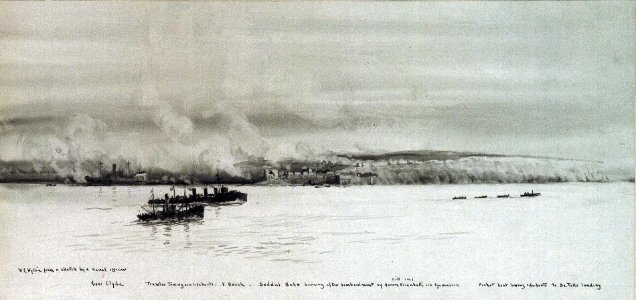'Sedd el Bahr burning after Bombardment by Queen Elizabeth and Agamemnon'; V-Beach at Gallipoli, Dardanelles, 25 April 1915 RMG PW0926