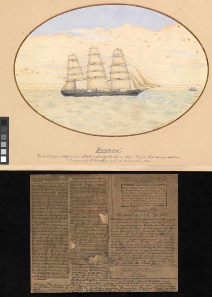 'Stonehouse' Wood Clipper Ship built at Pallion Sunderland in 1866. Designed by Gilbert Row (Naval Architect) in 1864. (with newspaper cutting and inscription from frame) RMG PW7769-002
