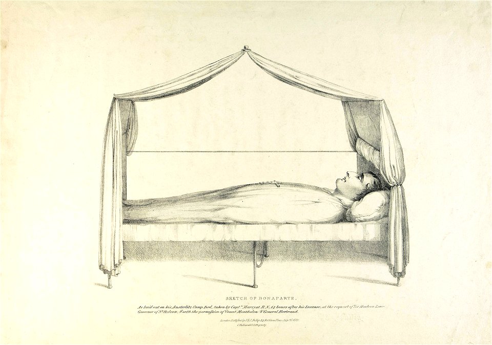 'Sketch of Bonaparte. As laid on his Austerlitz Camp Bed, taken by Captn Marryat at RN, 14 hours after his decease, at the request of Sir Hudson Lowe, Governor of St Helena, and with permission of Count Montholan and General RMG PW3523