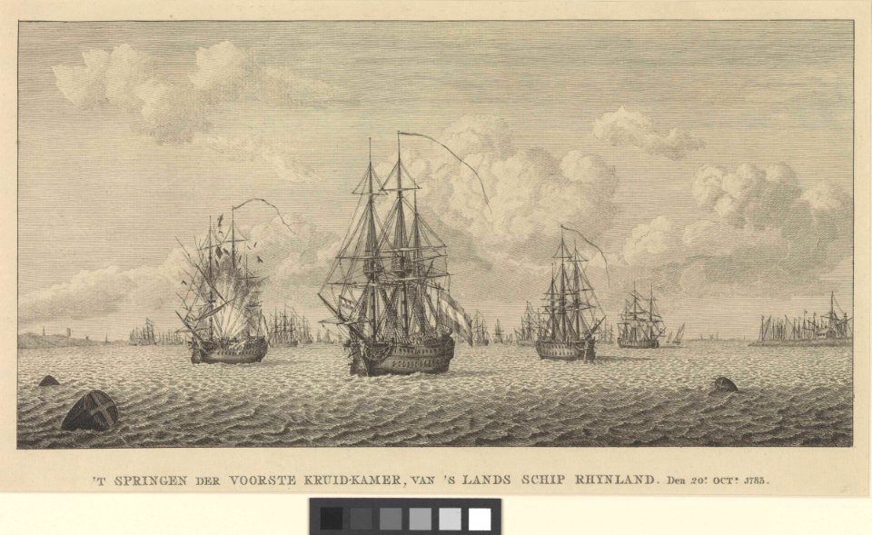 'T springen der voorste kruid-kammer, van 's landschip Rhynland. Den 20 Oct 1783 (Proefdruk) RMG PW7963