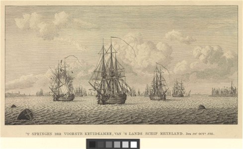 'T springen der voorste kruid-kammer, van 's landschip Rhynland. Den 20 Oct 1783 (Proefdruk) RMG PW7963