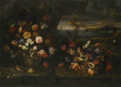 'Still Life with Vase of Flowers in a Coastal Landscape Setting' (II) by Francesco Mantovano