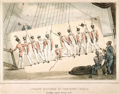'Steady Marines by the Right Dress. A sudden squall during drill' (caricature from 'Journal of a Landsman') RMG PU0170