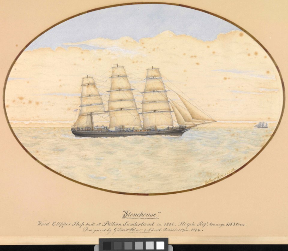 'Stonehouse' Wood Clipper Ship built at Pallion Sunderland in 1866. Designed by Gilbert Row (Naval Architect) in 1864. (with newspaper cutting and inscription from frame) RMG PW7769-001