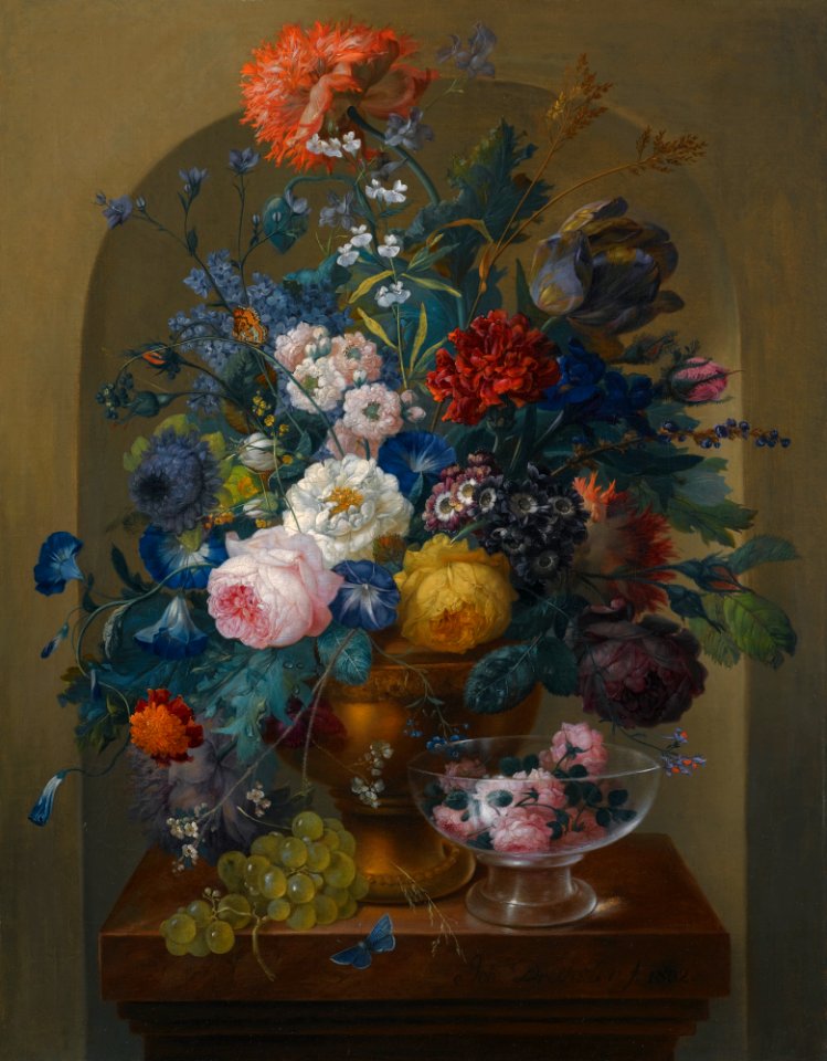 'Still Life of Flowers in an Urn Together with Cut Roses in a Glass' by Johann Baptist Drechsler