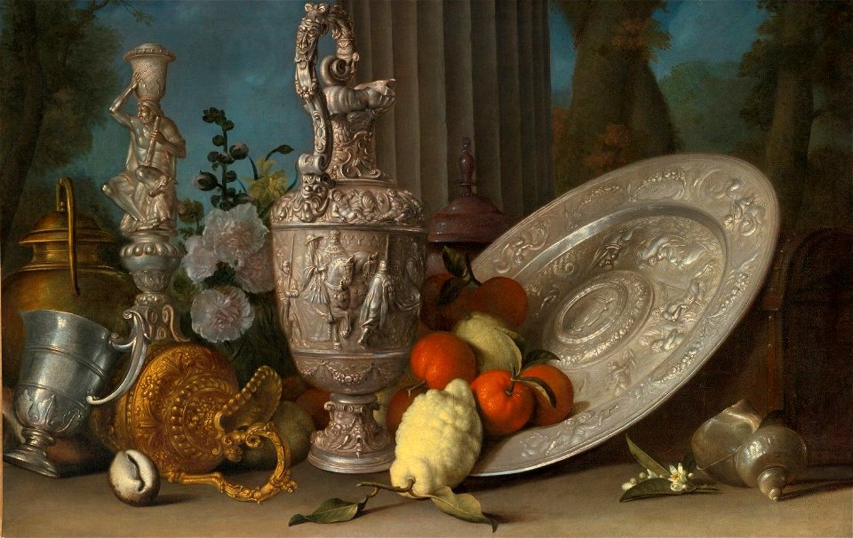 'Still Life with Hercules Candlestick, Silver Gilt Ewer, Lemons and Oranges...' by Meiffren Conte