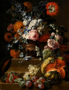 'Still Life with Hollyhock, Carnations, and Various Flowers...' by Gaspar Peeter Verbruggen the younger