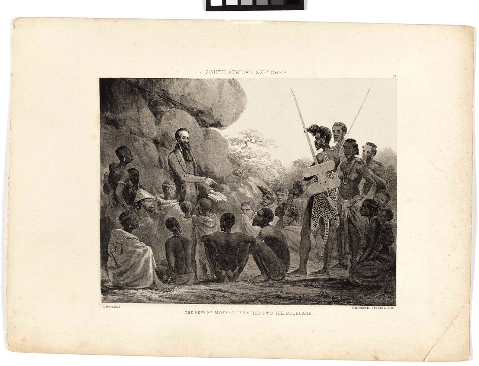 'South African Sketches. Plate II. The Revd Mr Moffat Preaching to the Bechuana' RMG PY6029