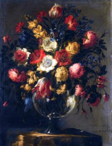 'Still Life with a Large Array of Flowers in a Glass Vase on a Stone Pedestal' by Juan de Arellano