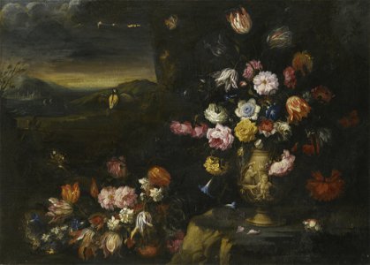 'Still Life with Vase of Flowers in a Coastal Landscape Setting' (I) by Francesco Mantovano