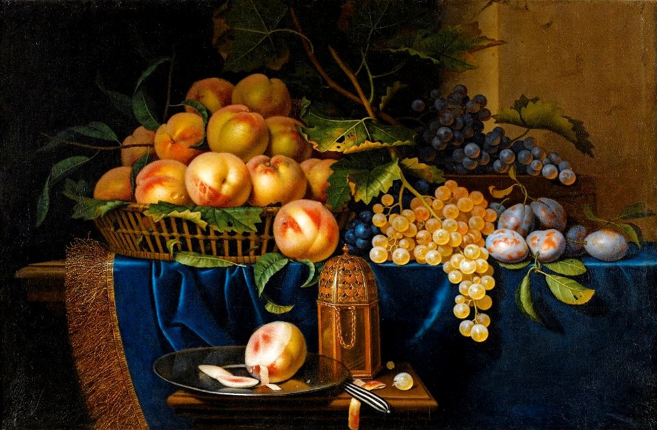 'Still Life With Peaches, Grapes, Plums and Silver-Gilt Shaker' by Paul Liégeois