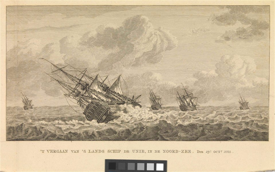 'T vergaan van 's Lands schip de Unie, in de Noord-Zee - 1782 RMG PW7962