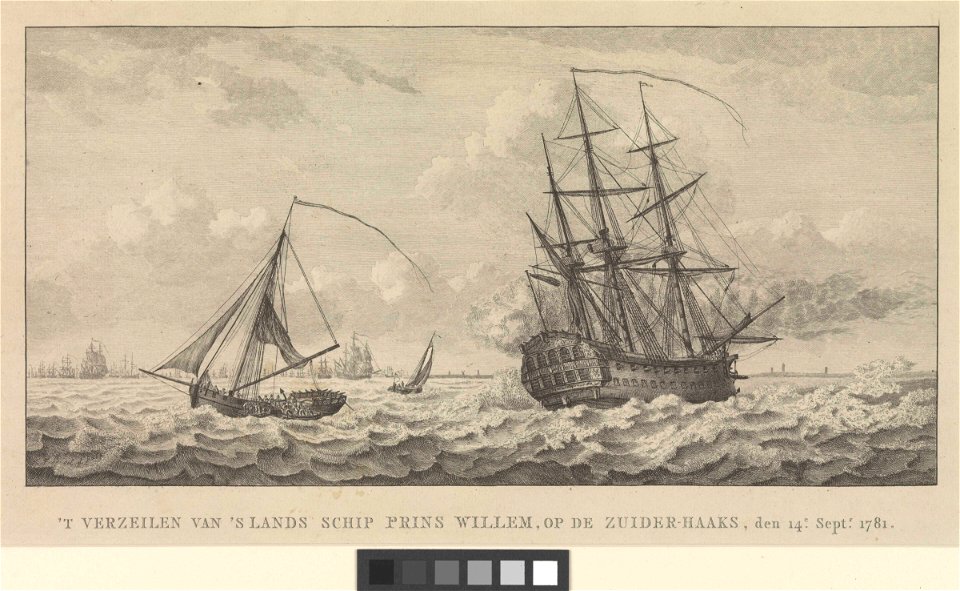 'T verzeilen van 's lands schip Prins Willem, op de Zuider-Hoaks, den 14e Septr 1781 RMG PW7965