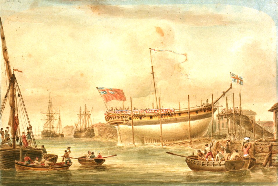 'The Launch' ( of the 'Britannia' ); illustration to Falconer's 'The Shipwreck' (1811 ed., frontis.) RMG PW5913