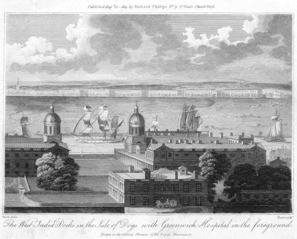 'The West India Docks in the Isle of Dogs with Greenwich Hospital in the Foreground, Drawn in the Camera Obscura of the Observatory' RMG PU2204