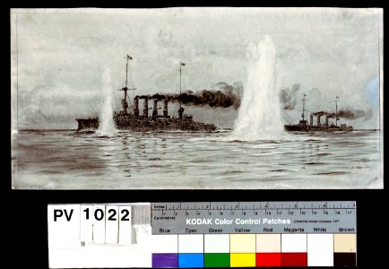 'The Splashes of Canopus's Guns'- 'Scharnhorst' and 'Dresden' at the Battle of the Falkland islands, 8 December 1914, about 13.30 RMG PV1022