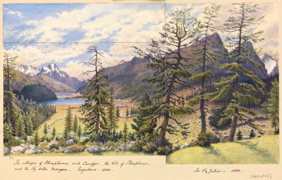 'The villages of Silvaplana and Campfer, the Lake of Silvaplana and the Piz della Margna, Engadine (with) The Piz Julier, 1880' (Switzerland) RMG PZ4712