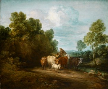 'Wooded Rocky Landscape with Mounted Peasant, Drover and Cattle, and Distant Building' by Thomas Gainsborough