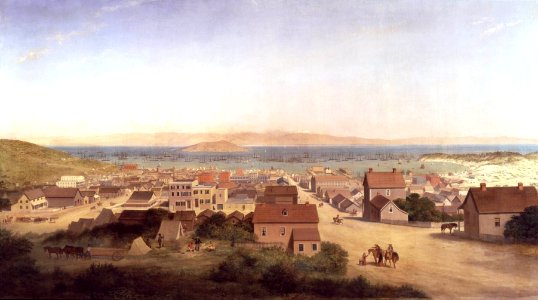 'View of San Francisco in 1850', 1878, oil on canvas painting by George Henry Burgess, 1878. Free illustration for personal and commercial use.