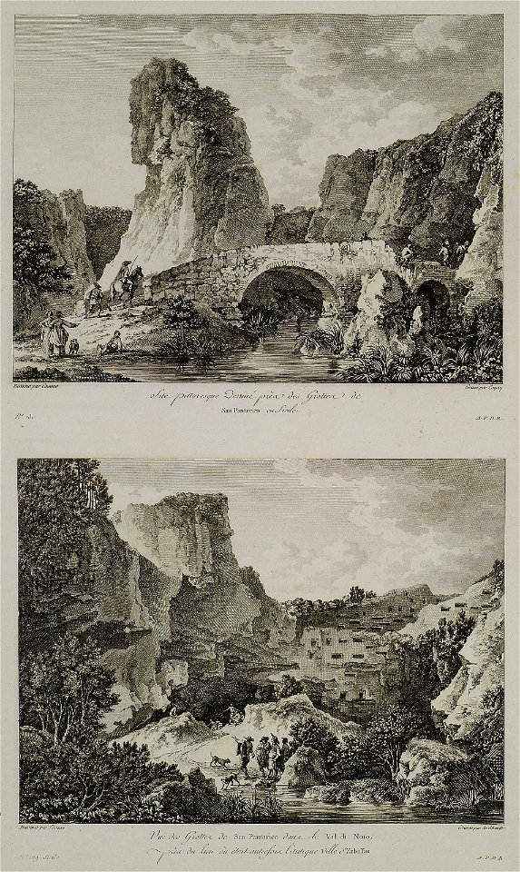 (1) Site pittoresque dessiné près des grottes de San Pantarica en Sicile (2) Vuë des grottes de San Pantarica dans le - Saint-non Jean Claude Richard Abbé De - 1786