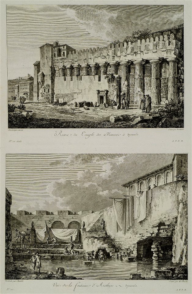 (1) Restes du Temple de Minerve à Syracuse (2) Vuë de la fontaine d'Arethuse-Syracuse - Saint-non Jean Claude Richard Abbé De - 1786