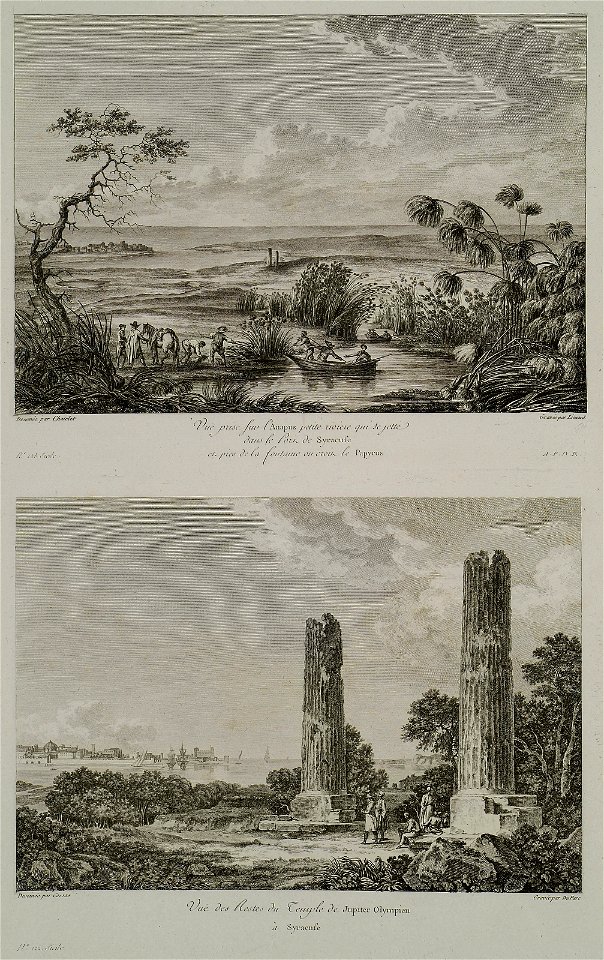 (1) Vuë prise sur l' Anapus petite rivière qui se jette dans le loci de Syracuse (2) Vuë des restes du temple de Jupi - Saint-non Jean Claude Richard Abbé De - 1786