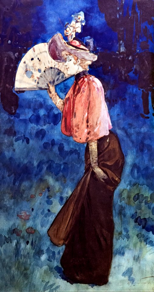 (Albi) Femme avec éventail - Henry Somm - Aquarelle sur papier ~1895