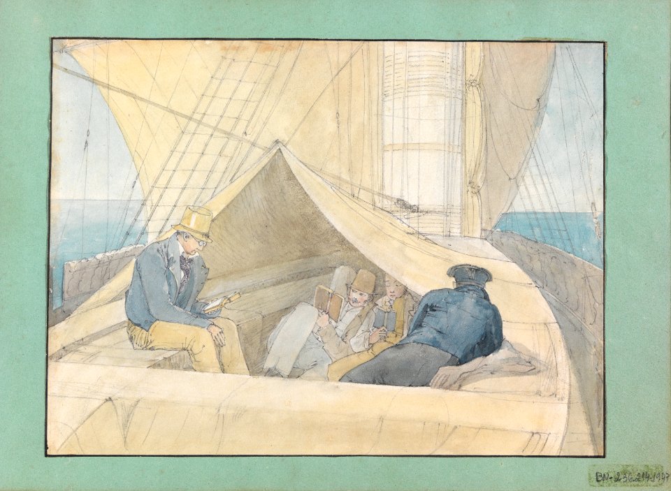 (Aspecto tirado a bordo da fragata Áustria em sua viagem para o Rio de Janeiro em 9 de abril de 1817 vendo-se entre outros passageiros, Spix e Martius), da Coleção Brasiliana Iconográfica