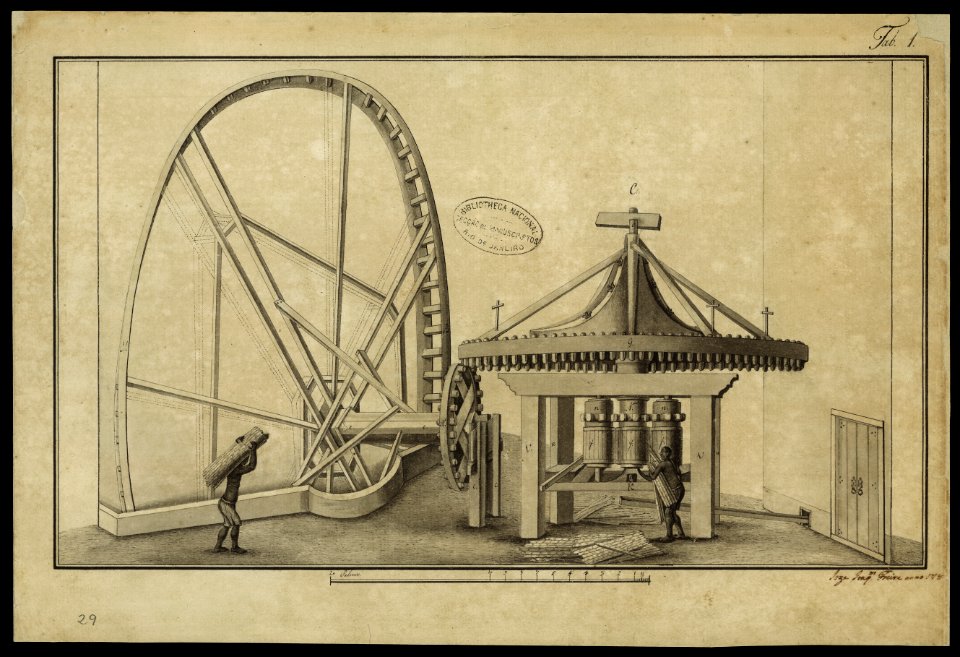 (Moagem de canas em uma moenda de cilindros verticais movida por uma roda hidráulica), da Coleção Brasiliana Iconográfica