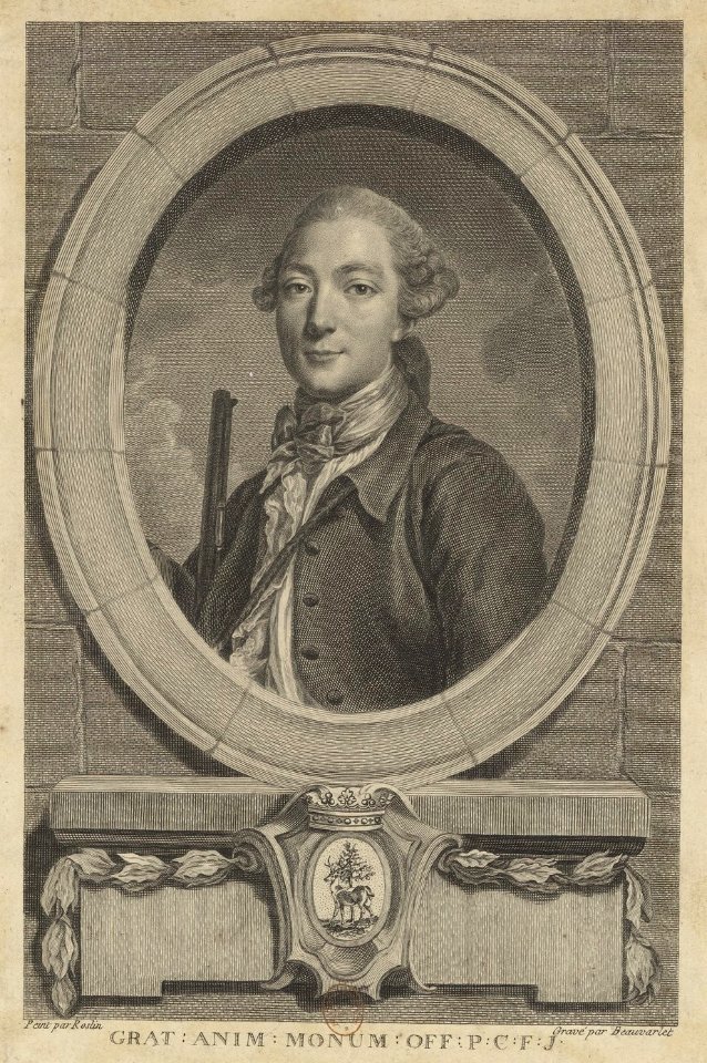 (Pierre-François Ducluzel, marquis de Montpipeau, intendant à Tours, en habit de chasse et tenant un fusil) - (estampe) - Peint par Roslin ; Gravé par Beauvarlet