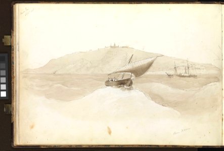 (Recto) Gibraltar, with HMS 'Trafalgar' at anchor, a Spanish smuggling boat and the steamer 'Oberon', 26 August 1851; (Verso) 'Mon Juc' (Montjuïc) Barcelona, September 1851 RMG PZ0857-002