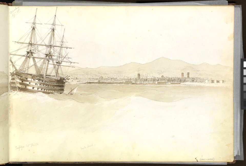 (Recto) HMS 'Trafalgar' at anchor off the Mole head at Barcelona, with the castle of Montjuïc (continuation drawing from verso of PAI0857); (Verso) four shipping studies, including of a frigate action RMG PZ0858-001