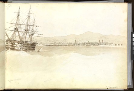 (Recto) HMS 'Trafalgar' at anchor off the Mole head at Barcelona, with the castle of Montjuïc (continuation drawing from verso of PAI0857); (Verso) four shipping studies, including of a frigate action RMG PZ0858-001. Free illustration for personal and commercial use.