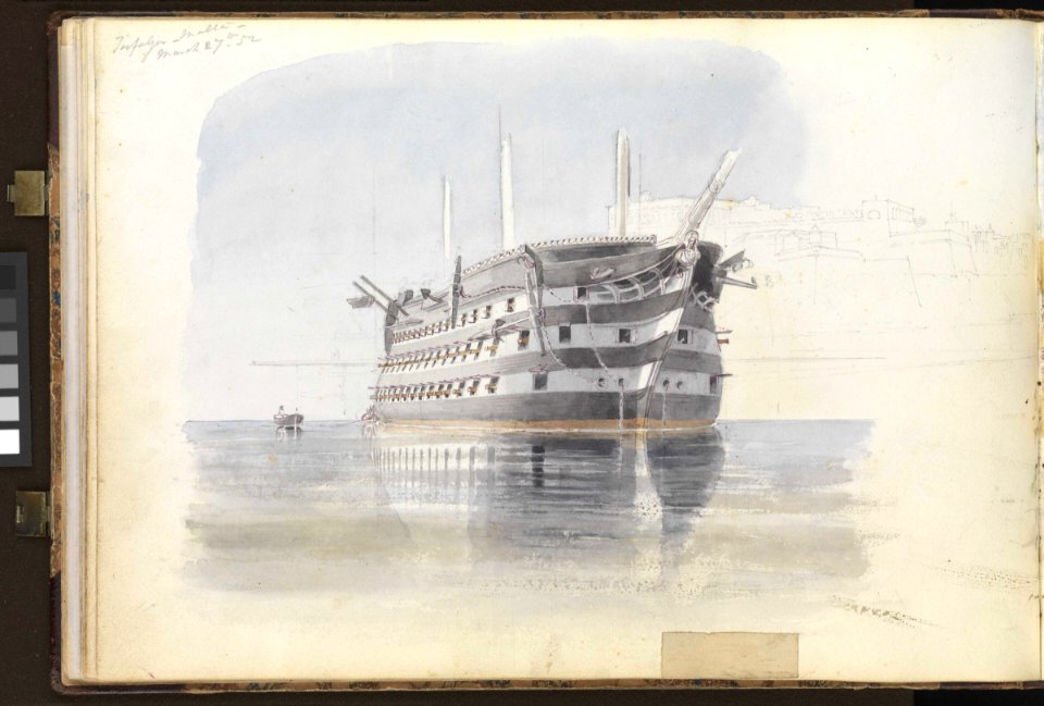 (Recto) HMS 'Trafalgar' sailing into Malta Harbour with loss of her rudder head after a gale, 9 February 1852- (Verso) 'Trafalgar' under the Upper Barracca, Malta, 27 March 1852 RMG PZ0864-002