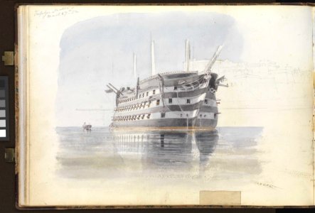 (Recto) HMS 'Trafalgar' sailing into Malta Harbour with loss of her rudder head after a gale, 9 February 1852- (Verso) 'Trafalgar' under the Upper Barracca, Malta, 27 March 1852 RMG PZ0864-002