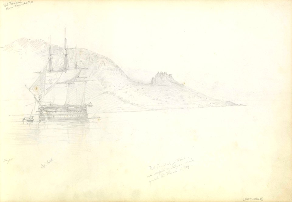 (Recto) HMS 'Ganges' off Fort Trinidad, Rosas Bay, south-eastern Spain, 9 October 1851; (Verso) Lord Nelson's House, Port Mahon, 12 November 1851 RMG PZ0860-001