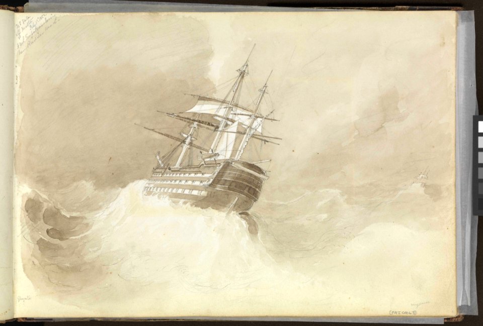 (Recto) HMS 'Trafalgar' losing her rudder-head in a north-easterly gale off Malta, 1 February 1852; (Verso) a coastal profile of Majorca, with a vase of flowers and a study of leaves, 3 June 1852 RMG PZ0863-001