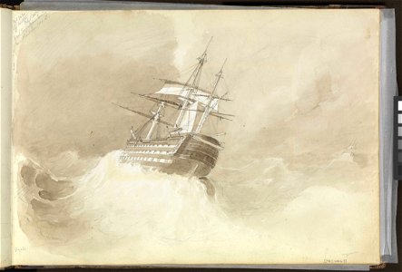 (Recto) HMS 'Trafalgar' losing her rudder-head in a north-easterly gale off Malta, 1 February 1852; (Verso) a coastal profile of Majorca, with a vase of flowers and a study of leaves, 3 June 1852 RMG PZ0863-001
