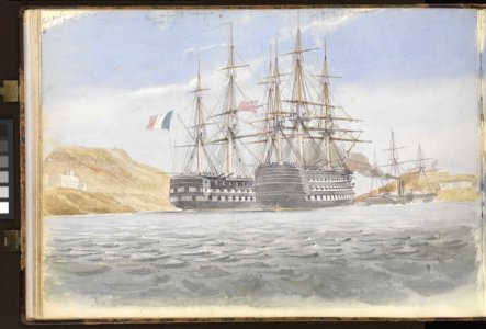 (Recto) HMS 'Vengeance' at anchor in Port Mahon, 26 May 1852; (Verso) The 'Charlemagne' with 'Trafalgar' leaving Port Mahon under tow by 'Firebrand', 1 June 1852 RMG PZ0868-002