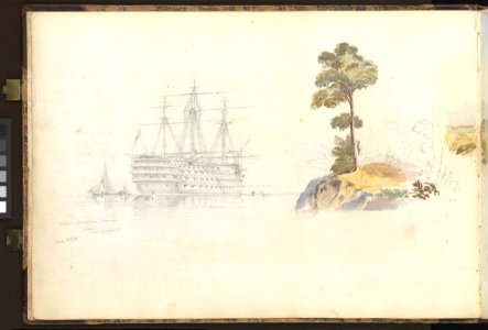 (Recto) Two pencil sketches, of a Thames barge and of the 'St Lawrence or old Shannon' at Sheerness, with two colour drawings of country scenes, and mixing notes on watercolours; (verso) HMS 'Trafalgar' at Sheerness, 16 RMG PZ0850-002. Free illustration for personal and commercial use.