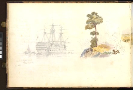 (Recto) Two pencil sketches, of a Thames barge and of the 'St Lawrence or old Shannon' at Sheerness, with two colour drawings of country scenes, and mixing notes on watercolours; (verso) HMS 'Trafalgar' at Sheerness, 16 RMG PZ0850-002