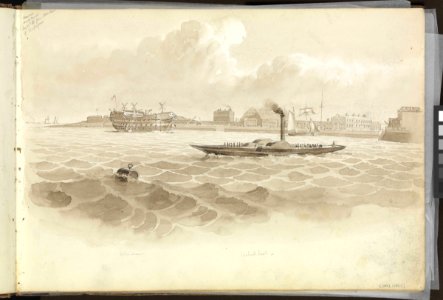 (Recto) Sheerness Dockyard from stern port of the 'Trafalgar', 25 January 1851; (Verso) 'Monarch' at Sheerness from the 'Trafalgar' 29 January 1851 RMG PZ0855-001. Free illustration for personal and commercial use.