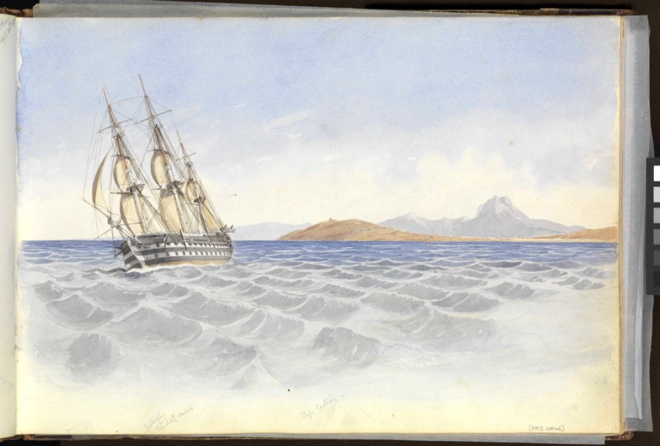 (Recto) HMS 'Bellerophon' off Cape Carthage, 26 April 1852; (Verso) Fort St Elmo and the entrance to the Grand Harbour, Malta, 20 March 1852 RMG PZ0866-001