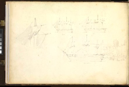 (Recto) The 'Sans Pareil' in Besika Bay, 3 October 1853 and the French steamer 'Mogador' towing the French 'Valmy' into the Dardanelles, 29 October 1853; (Verso) broadside studies of the French 'Jupiter', 'Jena' and RMG PZ0883-002
