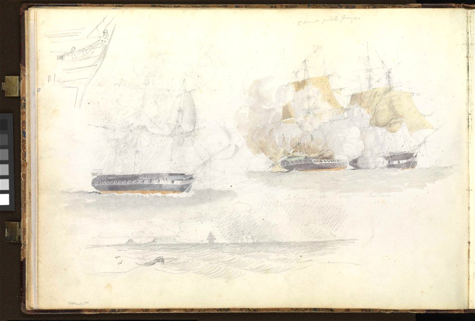 (Recto) HMS 'Trafalgar' at anchor off the Mole head at Barcelona, with the castle of Montjuïc (continuation drawing from verso of PAI0857); (Verso) four shipping studies, including of a frigate action RMG PZ0858-002