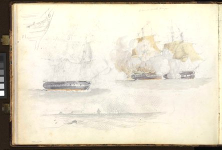 (Recto) HMS 'Trafalgar' at anchor off the Mole head at Barcelona, with the castle of Montjuïc (continuation drawing from verso of PAI0857); (Verso) four shipping studies, including of a frigate action RMG PZ0858-002
