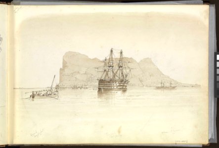 (Recto) Gibraltar, with HMS 'Trafalgar' at anchor, a Spanish smuggling boat and the steamer 'Oberon', 26 August 1851; (Verso) 'Mon Juc' (Montjuïc) Barcelona, September 1851 RMG PZ0857-001. Free illustration for personal and commercial use.