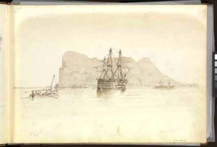 (Recto) Gibraltar, with HMS 'Trafalgar' at anchor, a Spanish smuggling boat and the steamer 'Oberon', 26 August 1851; (Verso) 'Mon Juc' (Montjuïc) Barcelona, September 1851 RMG PZ0857-001