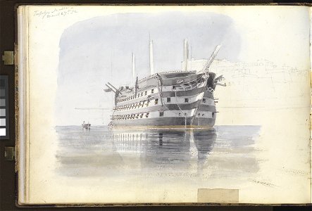 (Recto) HMS 'Trafalgar' sailing into Malta Harbour with loss of her rudder head after a gale, 9 February 1852- (Verso) 'Trafalgar' under the Upper Barracca, Malta, 27 March 1852 RMG PZ0864